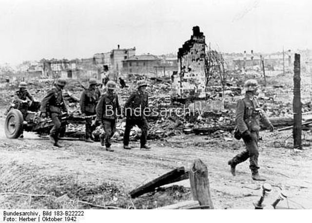 Fighting between German and Soviet forces in Stalingrad in the Soviet Union.