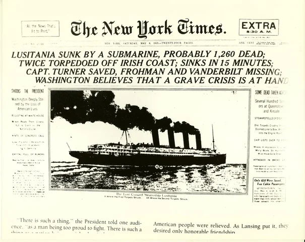 A German U-Boat torpedoes the British passenger liner Lusitania