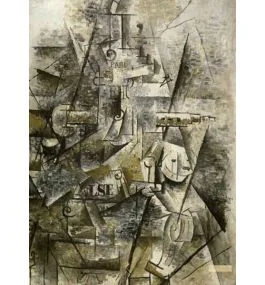 Klarinet en fles rum op een schoorsteenmantel (Kubisme)