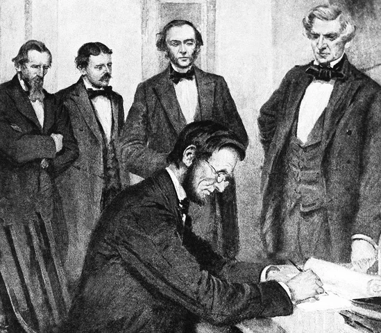 Abraham Lincoln signs the Emancipation Proclamation
