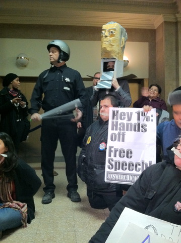 Protesters put on a skit of what Chicago could look like with strict protest regulations. #citycouncil #occupy