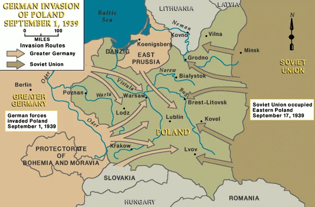 1939, September 1: Germany invades Poland, marking the start of World War II.