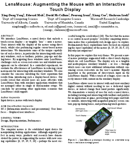 LensMouse: Augmenting the Mouse with an Interactive Touch Display