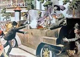 Asesinato en Sarajevo del archiduque Francisco Fernando, heredero del trono austríaco, y su mujer.