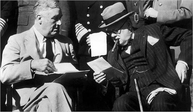 Casablanca conference between Churchill and Roosevelt. During the conference, Roosevelt announces the war can end only with "unconditional German surrender."