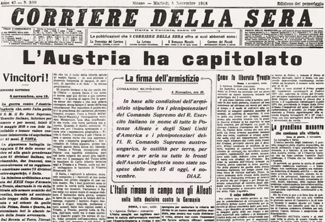 L'impero austro-ungarico e l'impero tedesco firmano la resa dopo la vittoria italiana a Vittorio Veneto.