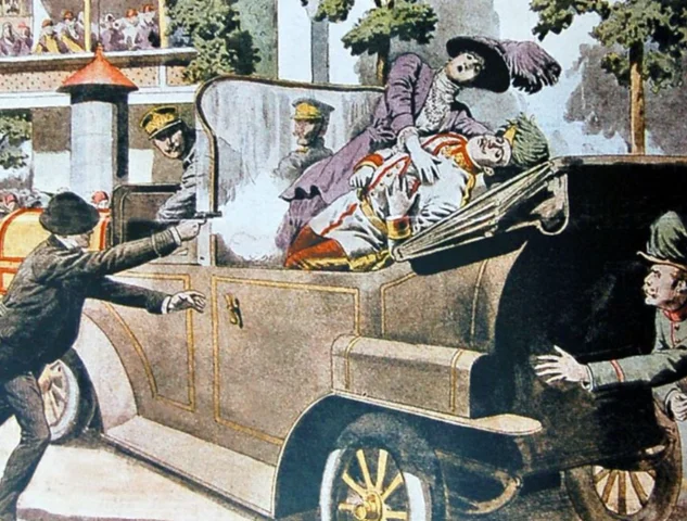 Asesinato en Sarajevo del archiduque Francisco Fernando, heredero del trono austríaco, y su mujer.
