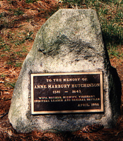 Bronze tablet commemorating Anne Hutchinson placed by her grave.