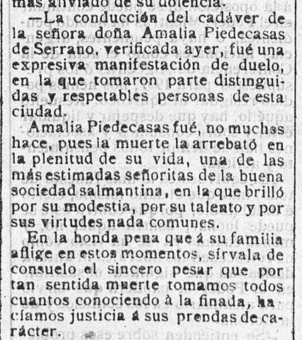 Fallecimiento de Amalia Piedecasas Arzac en la prensa