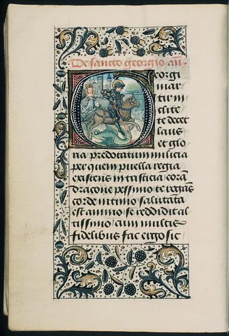 St. George on horseback fighting the dragon; the princess nearby, praying; the king and queen watching the scene from the city-walls
