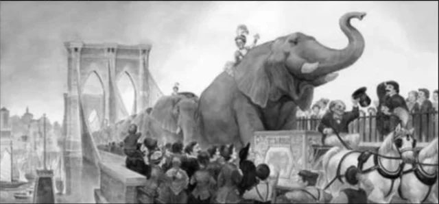 Jumbo Leads Barnum's Troupe of 21 Elephants Across the Brooklyn Bridge