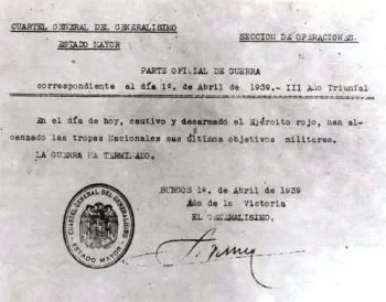 Franco firma en Burgos el último parte de guerra