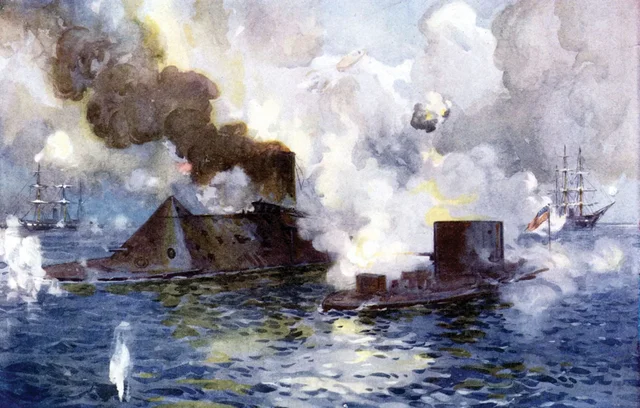 The Merrimac and the Monitor fight off the Virginia coast