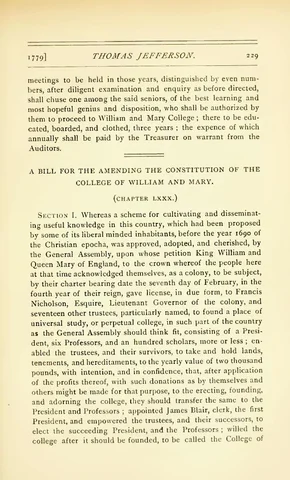 1779: Bill for the More General Diffusion of Knowledge