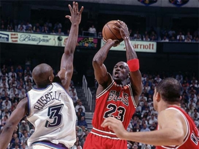 Micheal Jordan and the Bulls beat the Utah Jazz again and win their sixth championship. He was named MVP of the game.