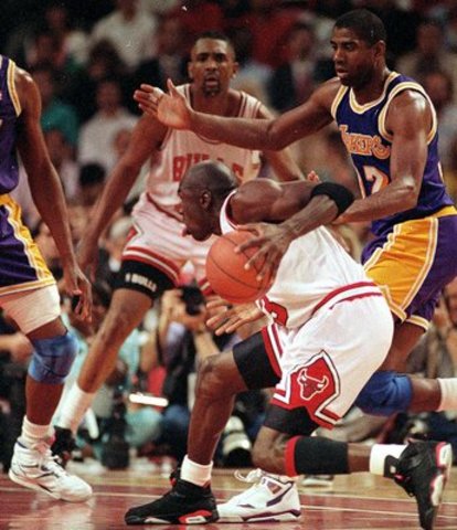 Michael Jordan and the Bulls beat the Lakers. He was named MVP of the game.