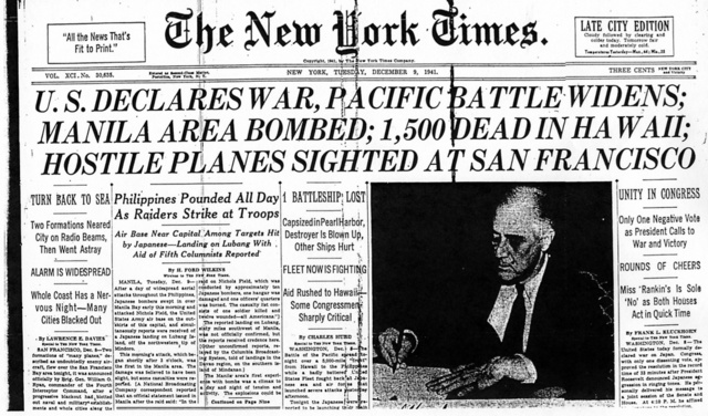 United States and Britain declare war on Japan.