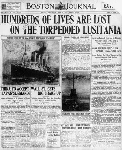 Germany sinks the U.S.S. Lusitania