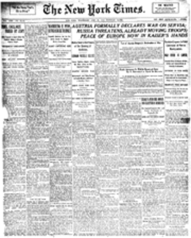 Austria Declares war on Serbia.  Russia also Ordered Mobilization Toward the Austrian Border