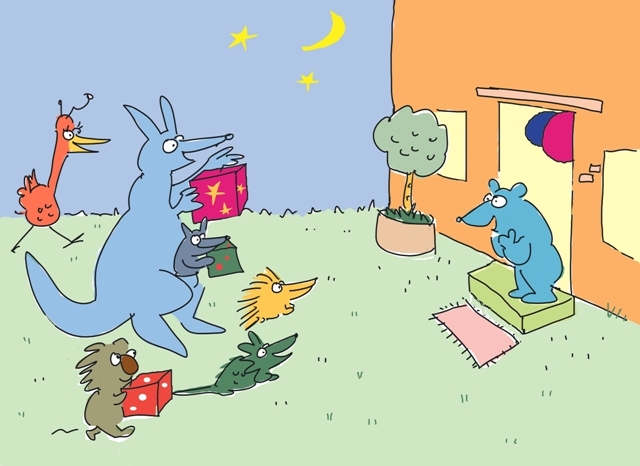 Bear's friends arrive at his party