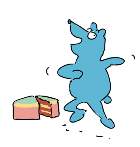 Bear dances excitedly around his cake