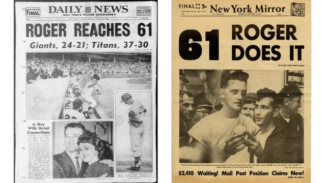 Roger Maris of the Yankees breaks Babe Ruth’s single-season home run record