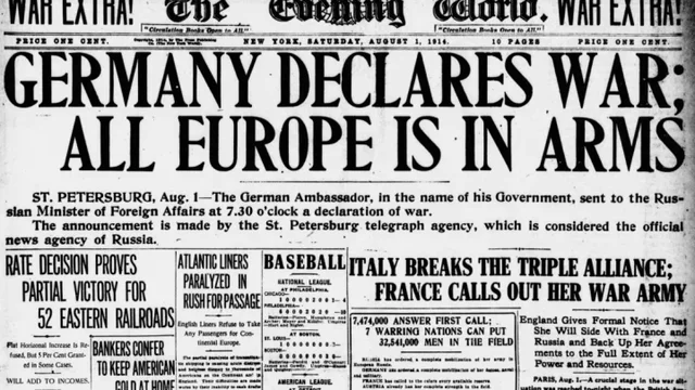 germany declares war on Russia and France. Britain enters the war
