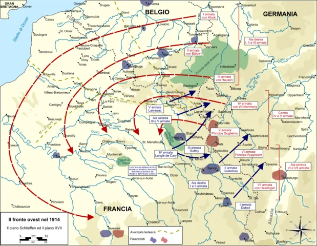 "Piano Schlieffen", dichiarazione guerra alla Francia e invasione del Belgio.