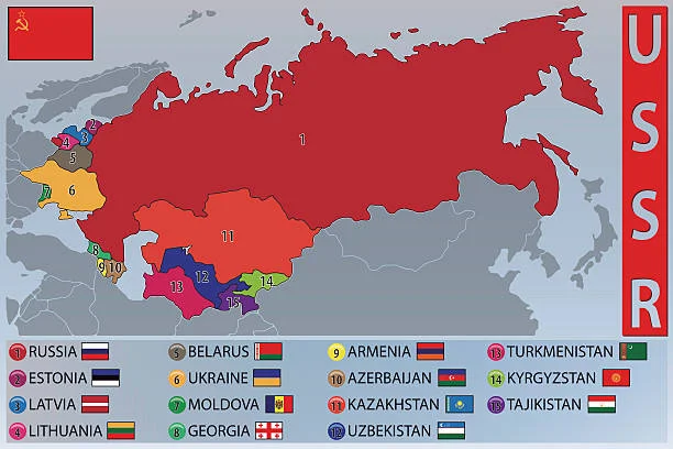 Soviet republics of Ukraine, Georgia, Armenia, Azerbaijan, Uzbekistan, Tajikistan, Turkmenistan, Belarus, Moldova, Kazakhstan, and Kyrgyzstan declare independence and Gorbachev resigns and Boris Yeltsin becomes the first president of Russia.