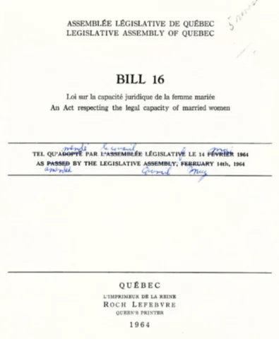 Bill 16 – Married Women Gain Legal Independence (Led by Marie-Claire Kirkland-Casgrain)