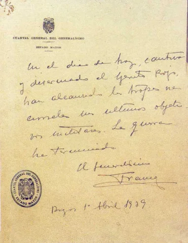 Fin oficial de la Guerra Civil con el parte final de Franco