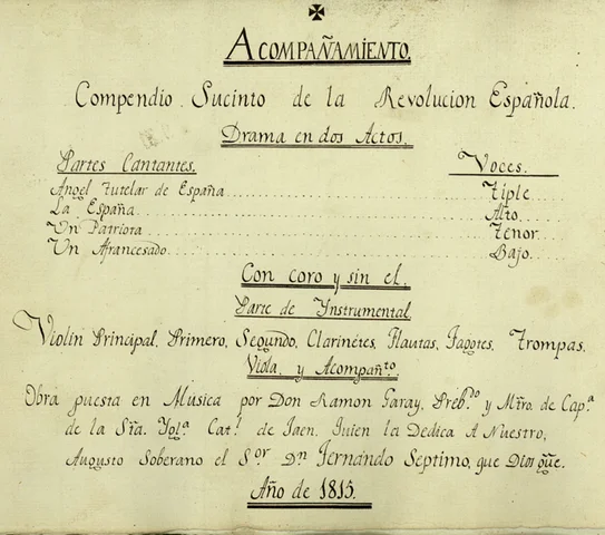Estrena su opera *Compendio sucinto de la Revolución española*