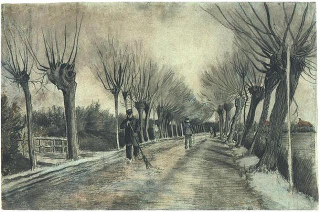 Road with Pollard Willows and Man with Broom - Drawing