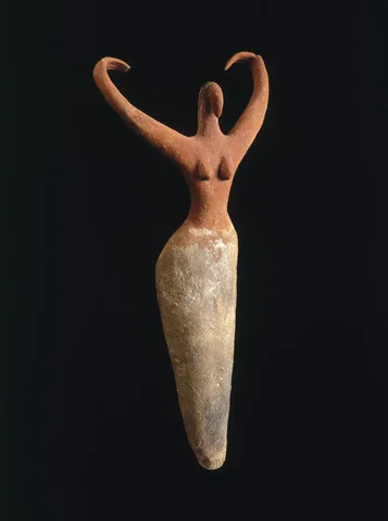 Female Figurine- The Female Figurine is made out of painted terracotta and it measures at 11 1/2 x 5 1/2 x 2 1/4 in. The Female Figurine represents fertility due to the emphasis of the hips and breasts.