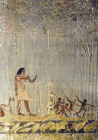 Ti watching a Hippopotamus hunt- The Ti watching a Hippopotamus hunt is made out of painted limestone,wall relief and it measures at about 45". It symbolizes the triumphant defeat of evil.