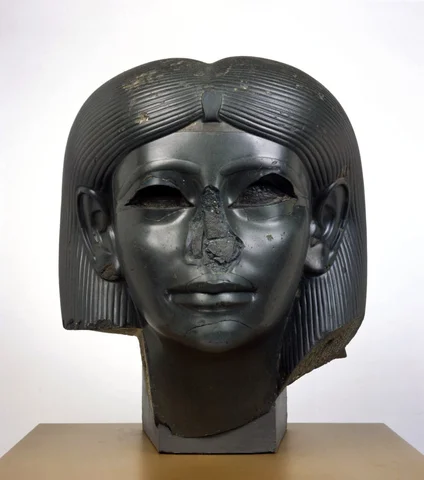 Head of a female sphinx-  The head of a female sphinx was made out of chlorite and she measures at 38.9 x 33.3 x 35.4 cm. The head of sphinx represents royal women in the fiercly protective role of the sun gods daughter, the Eye of Ra.