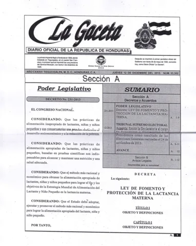Decreto legislativo 231-2013/ Ley de Fomento y protección de la Lactancia Materna.