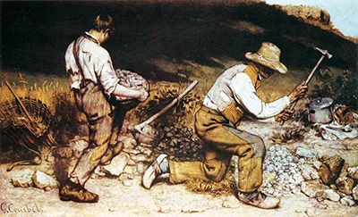 Gustave Courbet, The Stone Breakers,1849, Oil on canvas, Approximately 165 cm × 257 cm (64.9 in × 101.1 in), The original painting was destroyed in 1945 during the bombing of Dresden, Germany, while it was in storage at the Dresden State Art Collections.