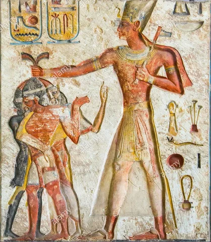 A relief of Ramesses II from Memphis showing him capturing enemies: a Nubian, a Libyan and a Syrian, c. 1250 BCE Cairo Museum