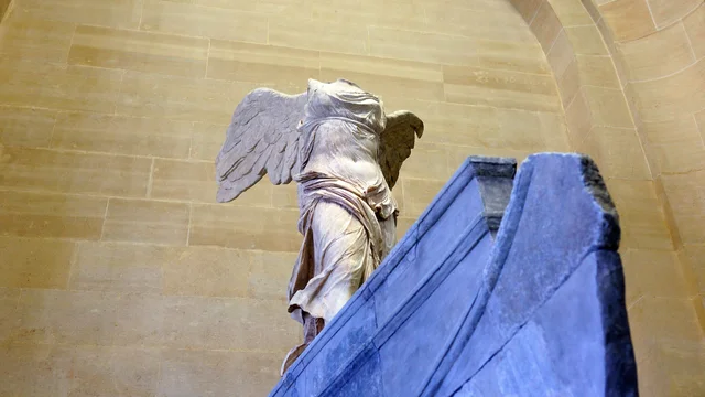 Nike of Samothrace (winged Victory), Lartos marble (ship), Parian marble (figure), c. 190 B.C.E., 3.28 meters high (Louvre, Paris