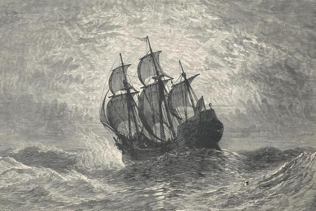 Pilgrims sail on the Mayflower to Plymouth Bay