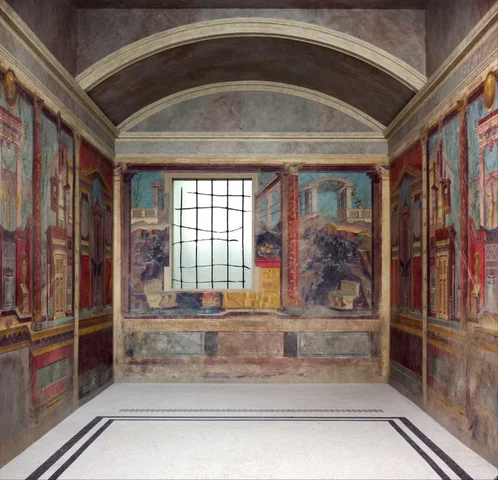 Unrecorded artist, Ancient Roman, Room M of the Villa of Publius Fannius Synistor, c. 50-40 BCE, Plaster & Pigment, 8 ft. The Metropolitan Museum of Art, NY, Roman Republic