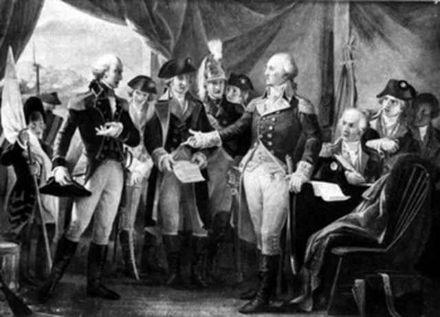 Cornwallis surrounded on land and sea by Americans and French and surrenders at Yorktown