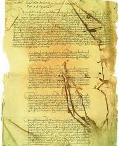 Cristobal Colón signing the surrender of santa fe