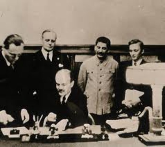 Nazi Germany and the Soviet Union sign a nonaggression agreement and a secret codicil dividing eastern Europe into spheres of influence.