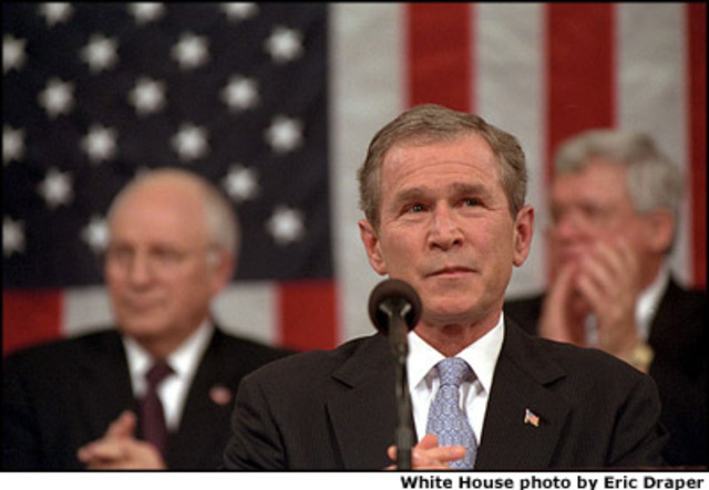 In his State of the Union Address, United States President George W. Bush describes "regimes that sponsor terror" as an Axis of Evil, in which he includes Iraq, Iran and North Korea