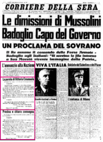 Italy surrenders, Mussolini dismissed as Prime Min.