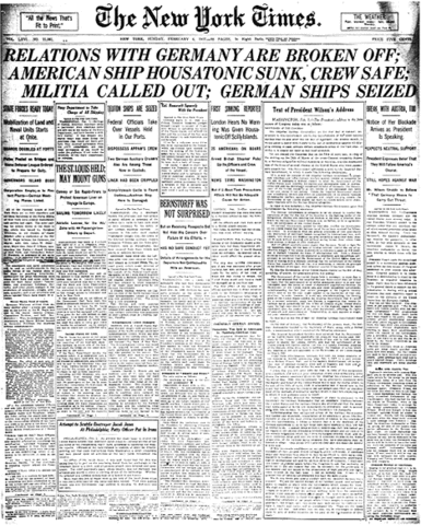 German U-boat sinks U.S. cargo ship Housatonic United States breaks off diplomatic relations with Germany