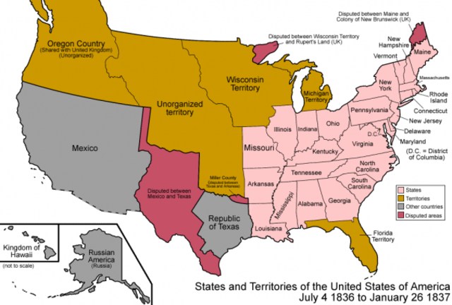 A map from July 4 1836 to January 26 1837 showing the territory controlled by the United States.