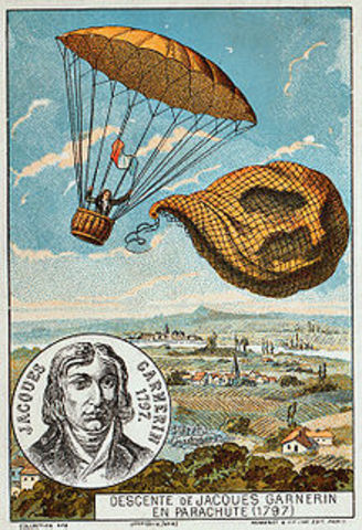 The first human parachute descent, from a balloon